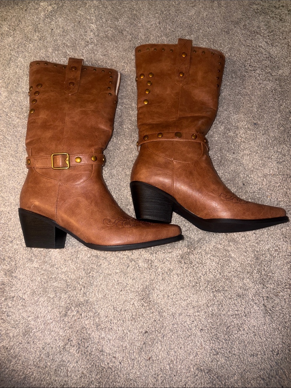 Women's Brown Mid-Calf Western Heel Boots with Buckle Stud Detail size 8w new